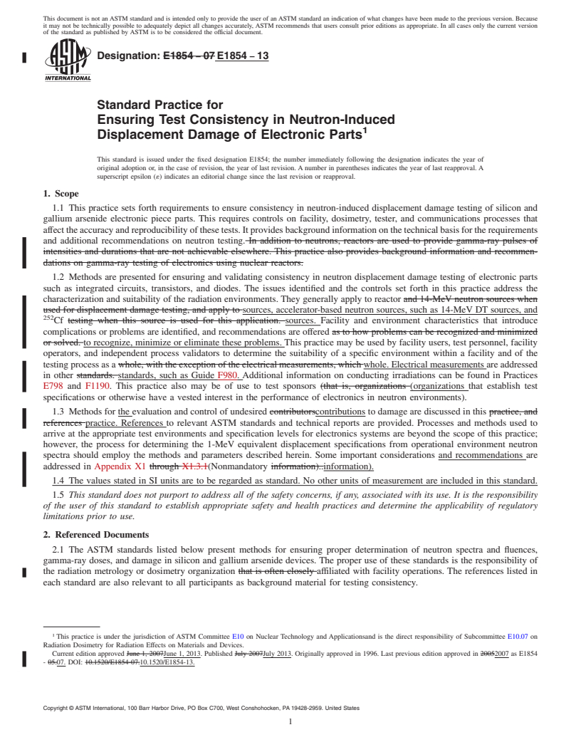 REDLINE ASTM E1854-13 - Standard Practice for  Ensuring Test Consistency in Neutron-Induced Displacement Damage  of Electronic Parts