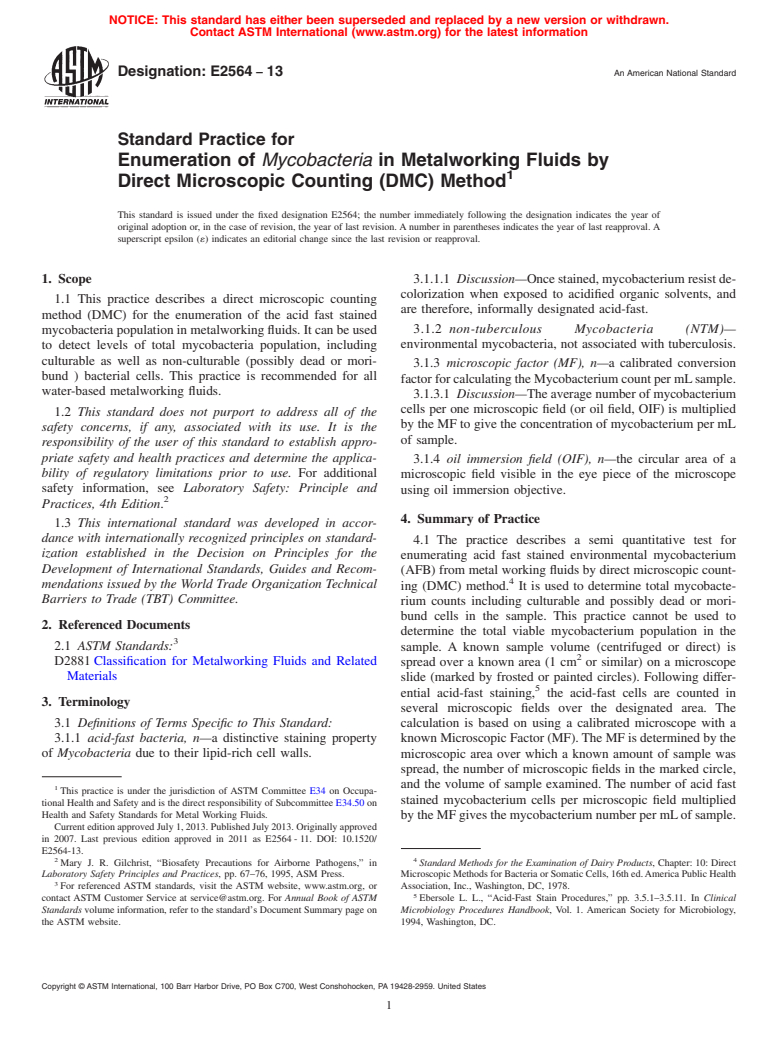 ASTM E2564-13 - Standard Practice for  Enumeration of <emph type="ital">Mycobacteria</emph> in Metalworking  Fluids by Direct Microscopic Counting (DMC) Method