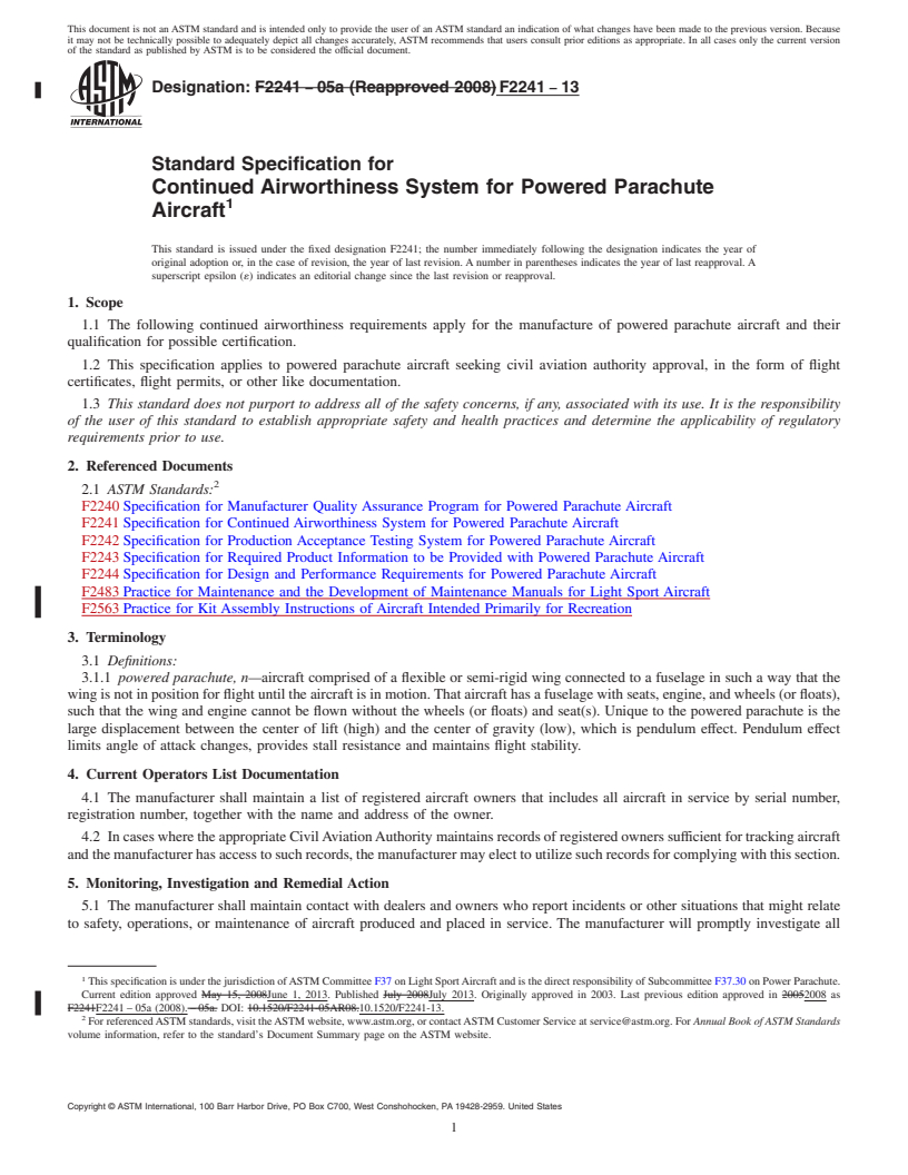 REDLINE ASTM F2241-13 - Standard Specification for  Continued Airworthiness System for Powered Parachute Aircraft