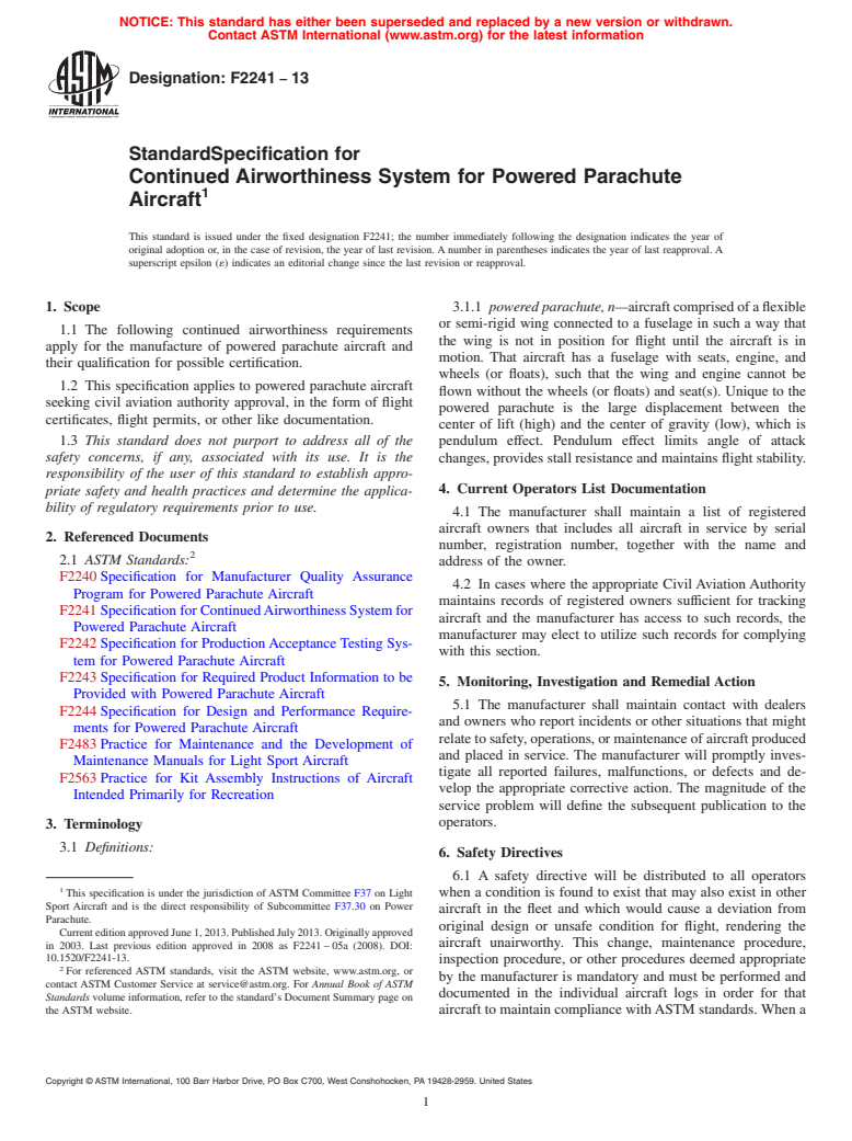 ASTM F2241-13 - Standard Specification for  Continued Airworthiness System for Powered Parachute Aircraft