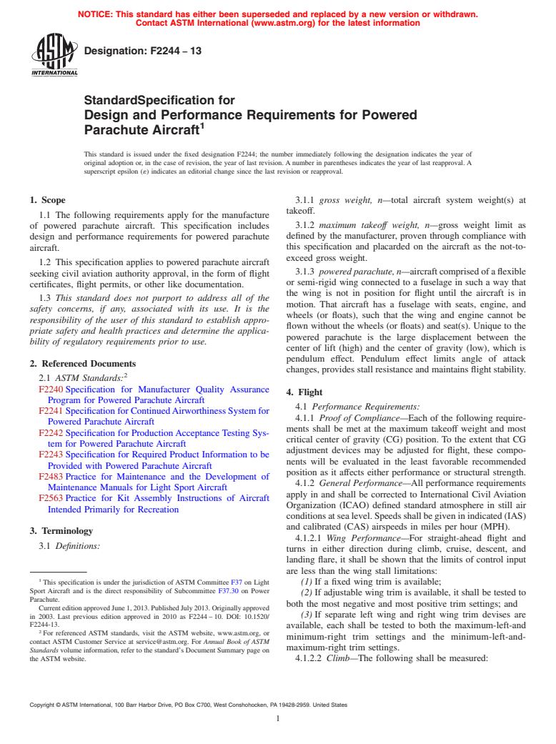 ASTM F2244-13 - Standard Specification for  Design and Performance Requirements for Powered Parachute Aircraft