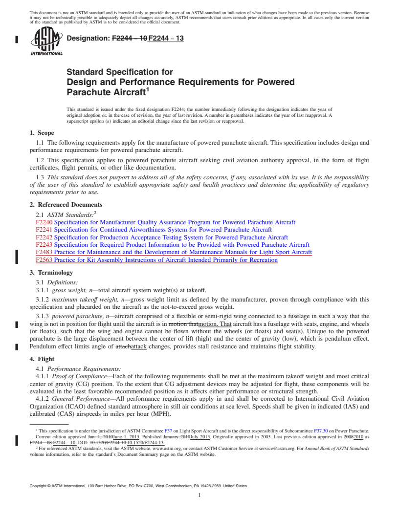 REDLINE ASTM F2244-13 - Standard Specification for  Design and Performance Requirements for Powered Parachute Aircraft