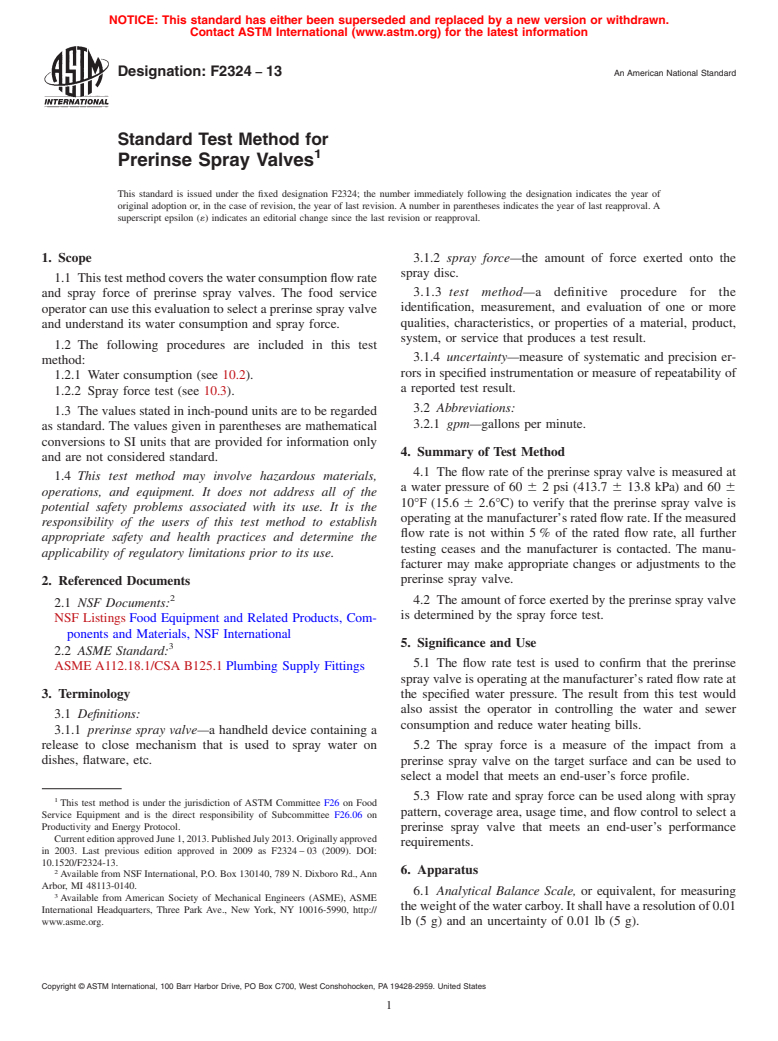 ASTM F2324-13 - Standard Test Method for  Prerinse Spray Valves