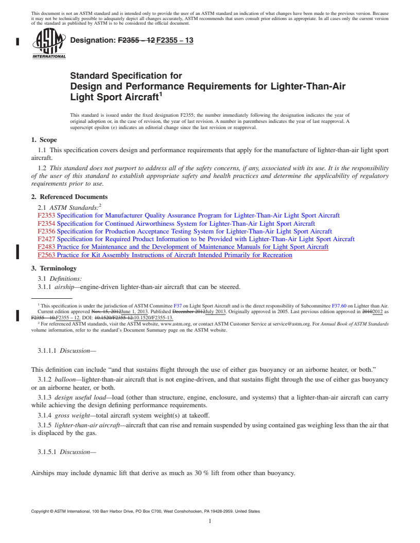 REDLINE ASTM F2355-13 - Standard Specification for  Design and Performance Requirements for Lighter-Than-Air Light  Sport Aircraft