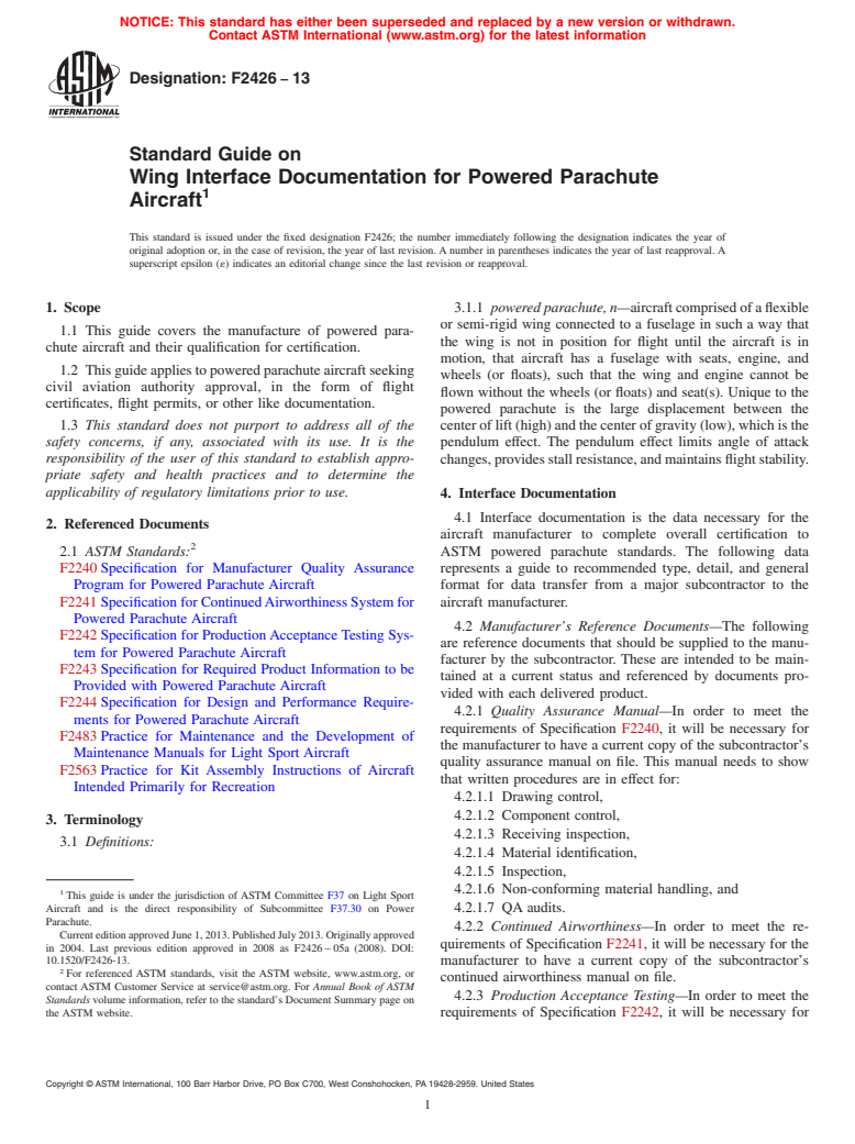 ASTM F2426-13 - Standard Guide on Wing Interface Documentation for Powered Parachute Aircraft