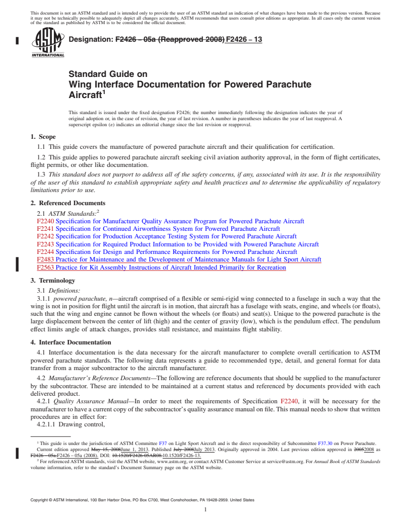 REDLINE ASTM F2426-13 - Standard Guide on Wing Interface Documentation for Powered Parachute Aircraft