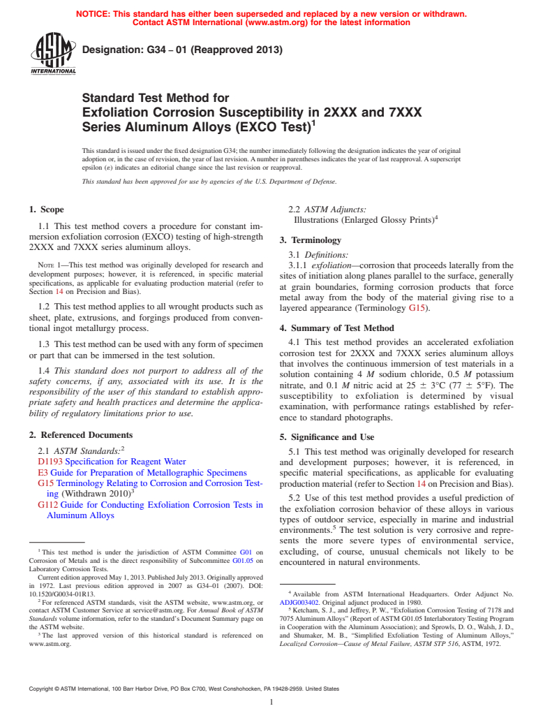 ASTM G34-01(2013) - Standard Test Method for  Exfoliation Corrosion Susceptibility in 2XXX and 7XXX Series  Aluminum Alloys (EXCO Test)
