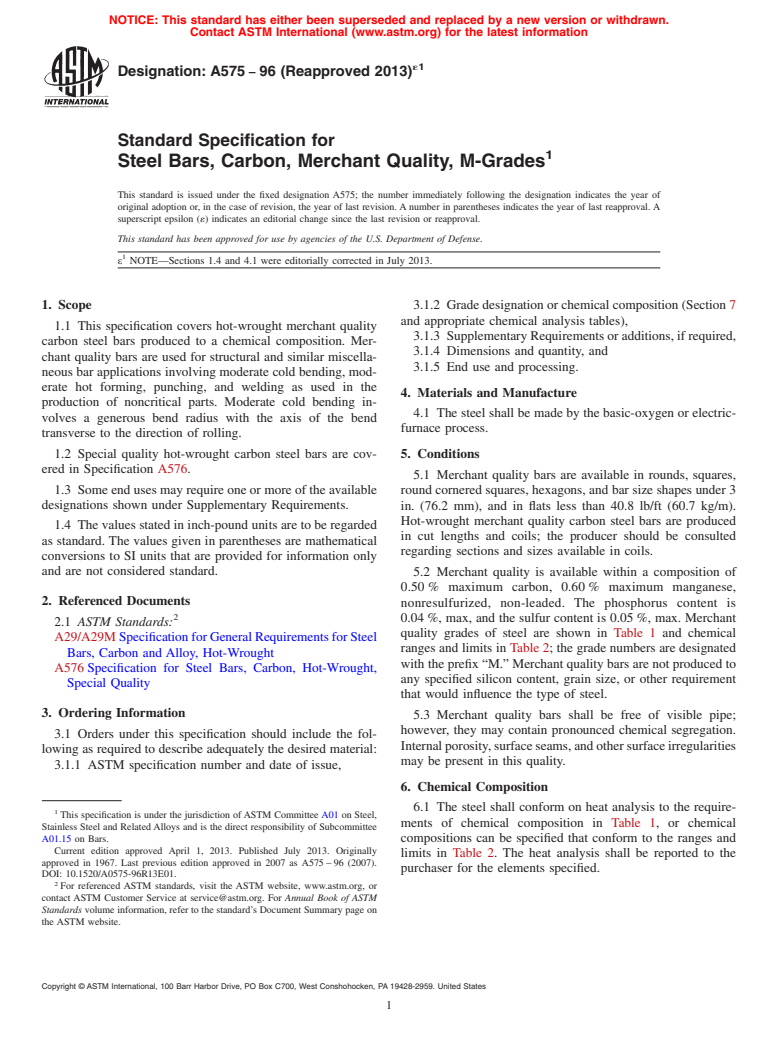 ASTM A575-96(2013)e1 - Standard Specification for  Steel Bars, Carbon, Merchant Quality, M-Grades