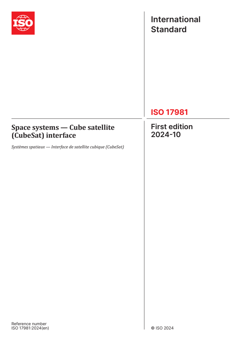 ISO 17981:2024 - Space systems — Cube satellite (CubeSat) interface
Released:1. 10. 2024