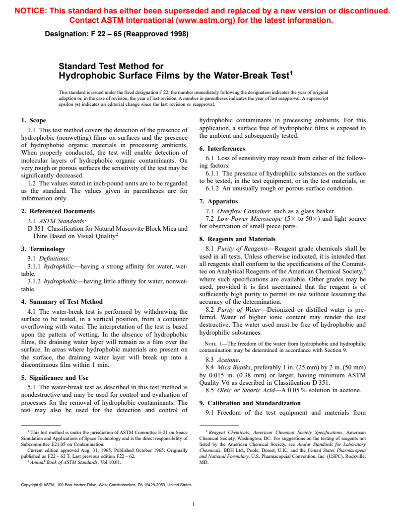 ASTM F22-65(1998) - Standard Test Method for Hydrophobic Surface Films by the Water-Break Test