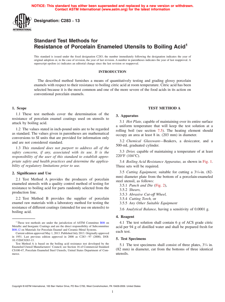 ASTM C283-13 - Standard Test Methods for Resistance of Porcelain Enameled Utensils to Boiling Acid