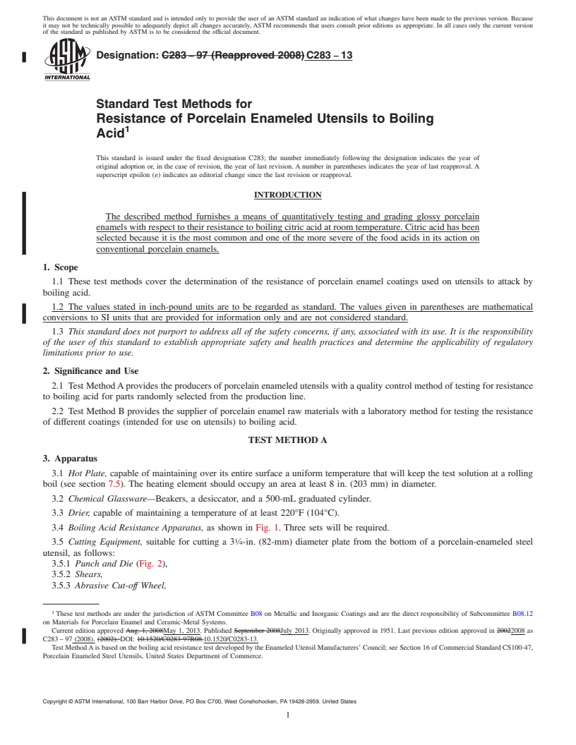 REDLINE ASTM C283-13 - Standard Test Methods for Resistance of Porcelain Enameled Utensils to Boiling Acid