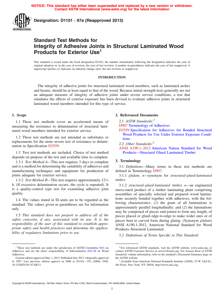 ASTM D1101-97a(2013) - Standard Test Methods for Integrity of Adhesive Joints in Structural Laminated Wood Products  for Exterior Use