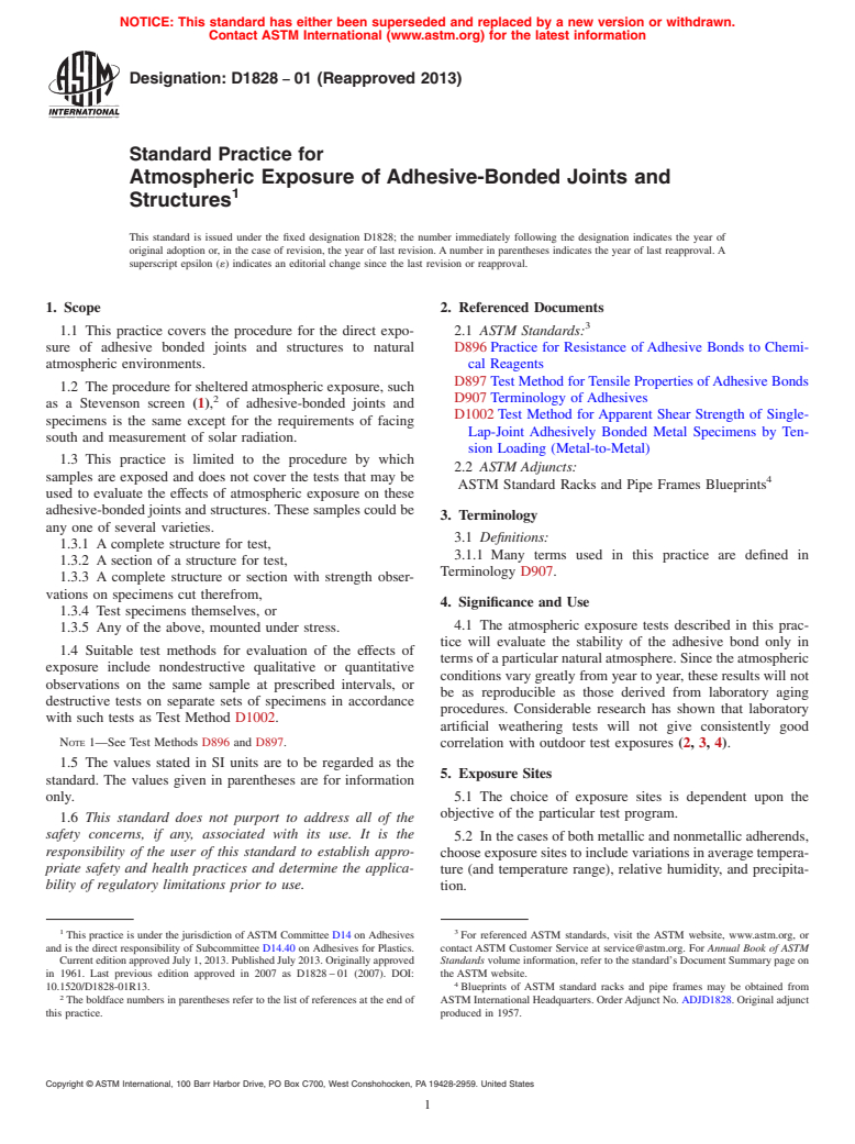 ASTM D1828-01(2013) - Standard Practice for Atmospheric Exposure of Adhesive-Bonded Joints and Structures