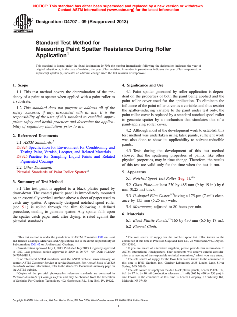 ASTM D4707-09(2013) - Standard Test Method for  Measuring Paint Spatter Resistance During Roller Application