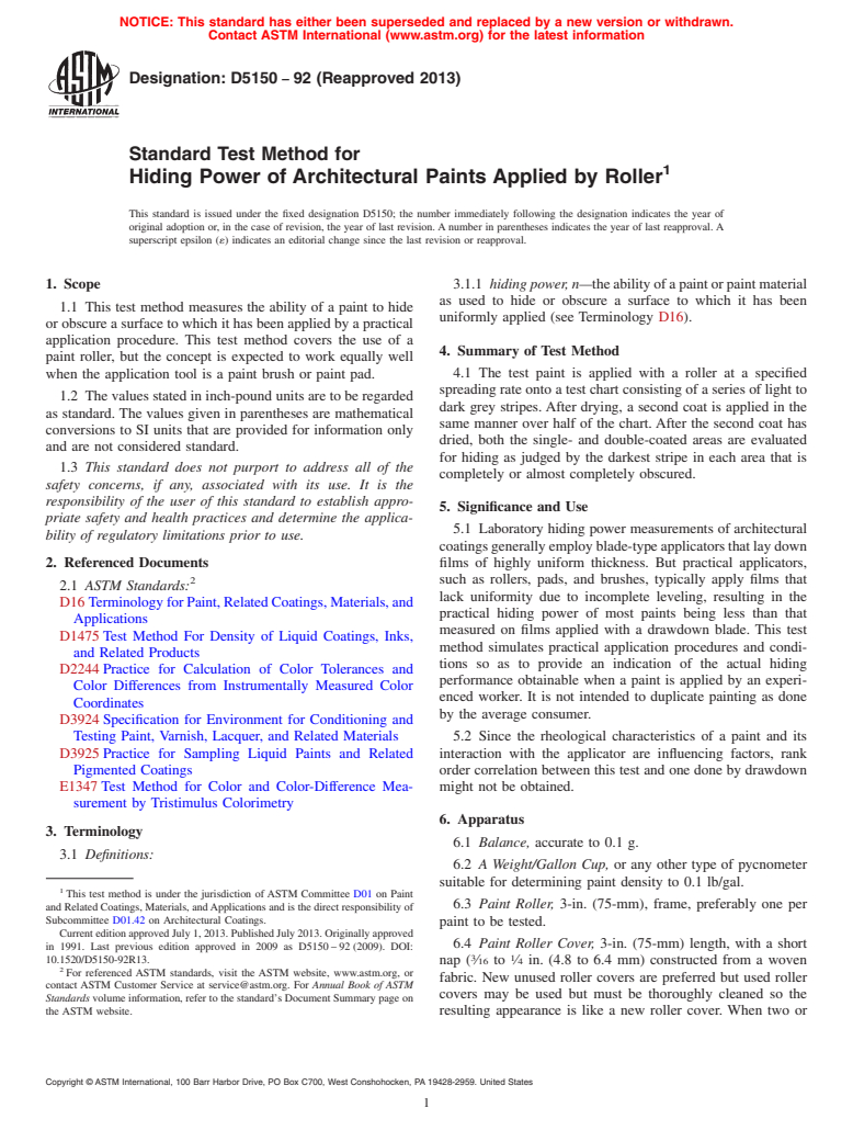 ASTM D5150-92(2013) - Standard Test Method for  Hiding Power of Architectural Paints Applied by Roller