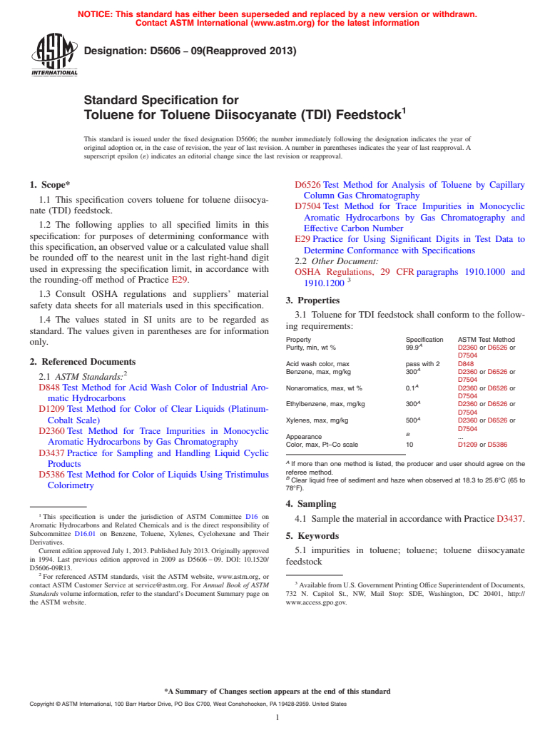 ASTM D5606-09(2013) - Standard Specification for  Toluene for Toluene Diisocyanate (TDI) Feedstock