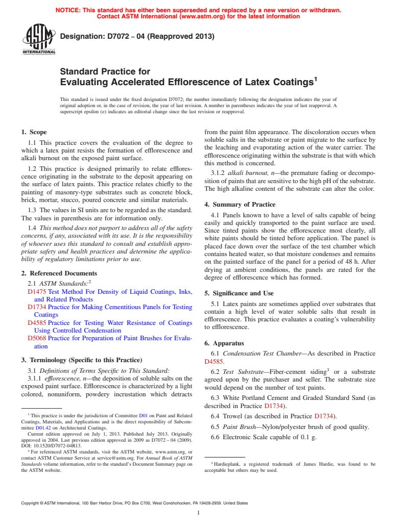 ASTM D7072-04(2013) - Standard Practice for  Evaluating Accelerated Efflorescence of Latex Coatings