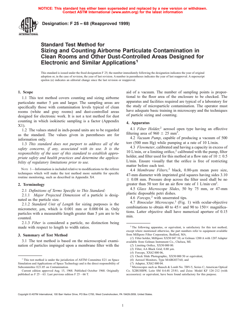 ASTM F25-68(1999) - Standard Test Method for Sizing and Counting Airborne Particulate Contamination in Clean Rooms and Other Dust-Controlled Areas Designed for Electronic and Similar Applications