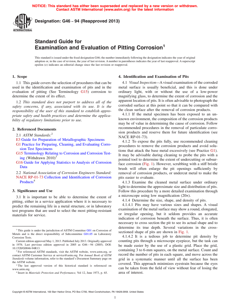 ASTM G46-94(2013) - Standard Guide for  Examination and Evaluation of Pitting Corrosion