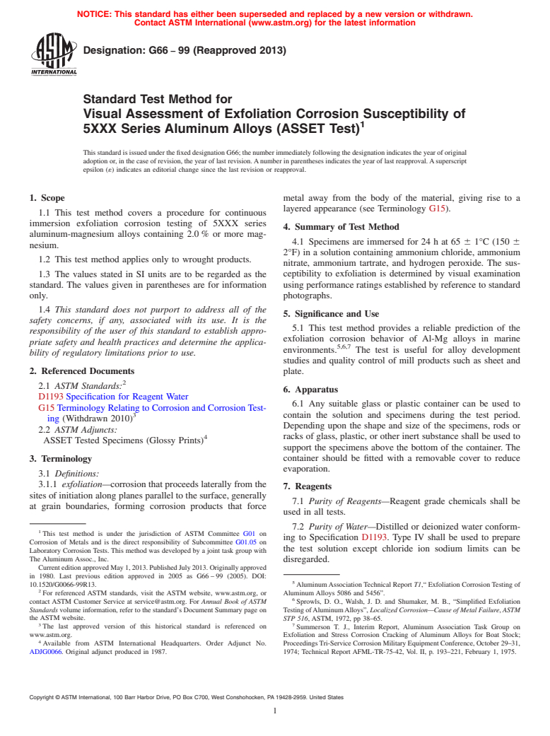 ASTM G66-99(2013) - Standard Test Method for  Visual Assessment of Exfoliation Corrosion Susceptibility of  5XXX Series Aluminum Alloys (ASSET Test)