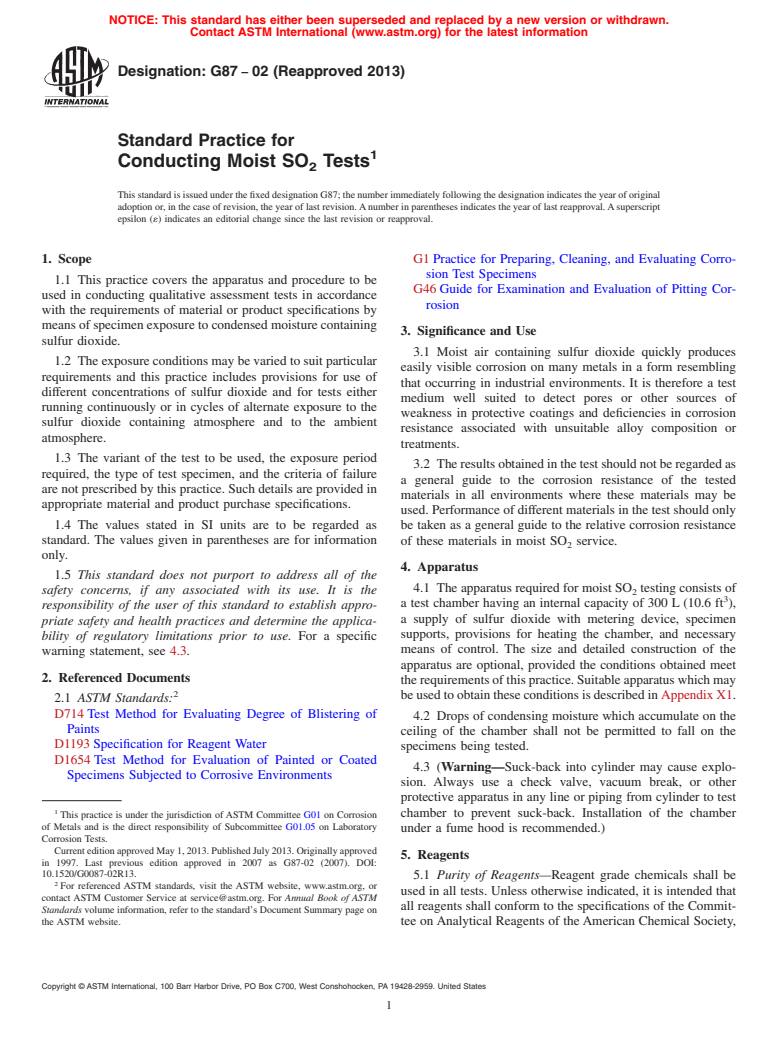 ASTM G87-02(2013) - Standard Practice for  Conducting Moist SO<inf>2</inf> Tests