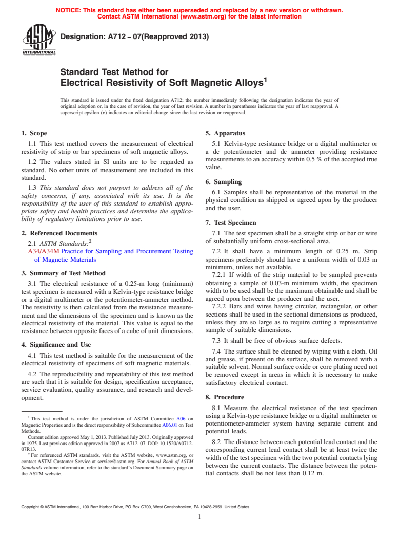 ASTM A712-07(2013) - Standard Test Method for Electrical Resistivity of Soft Magnetic Alloys