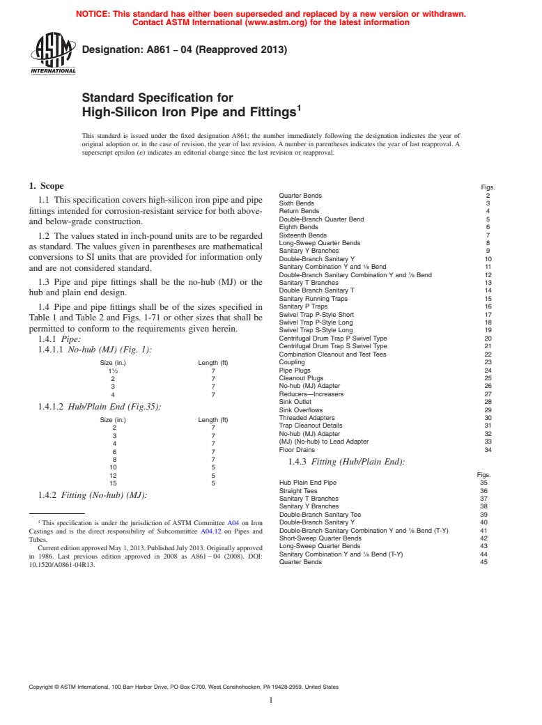 ASTM A861-04(2013) - Standard Specification for  High-Silicon Iron Pipe and Fittings