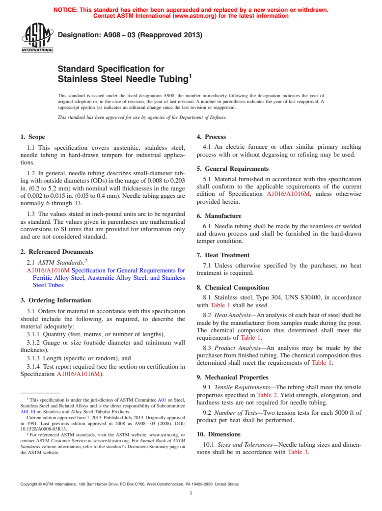 ASTM A908-03(2013) - Standard Specification for  Stainless Steel Needle Tubing