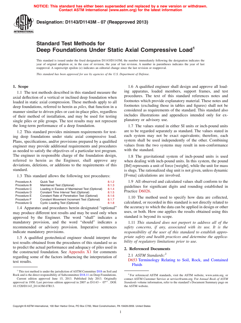 ASTM D1143/D1143M-07(2013) - Standard Test Methods for  Deep Foundations Under Static Axial Compressive Load