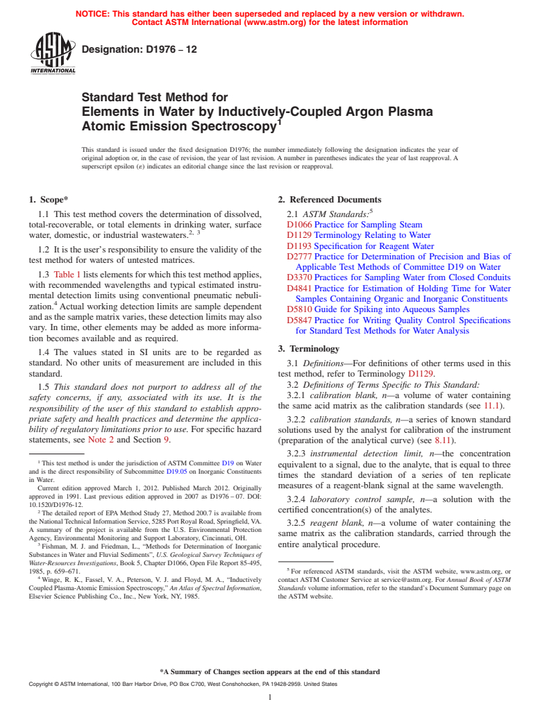 ASTM D1976-12 - Standard Test Method for  Elements in Water by Inductively-Coupled Argon Plasma Atomic   Emission Spectroscopy