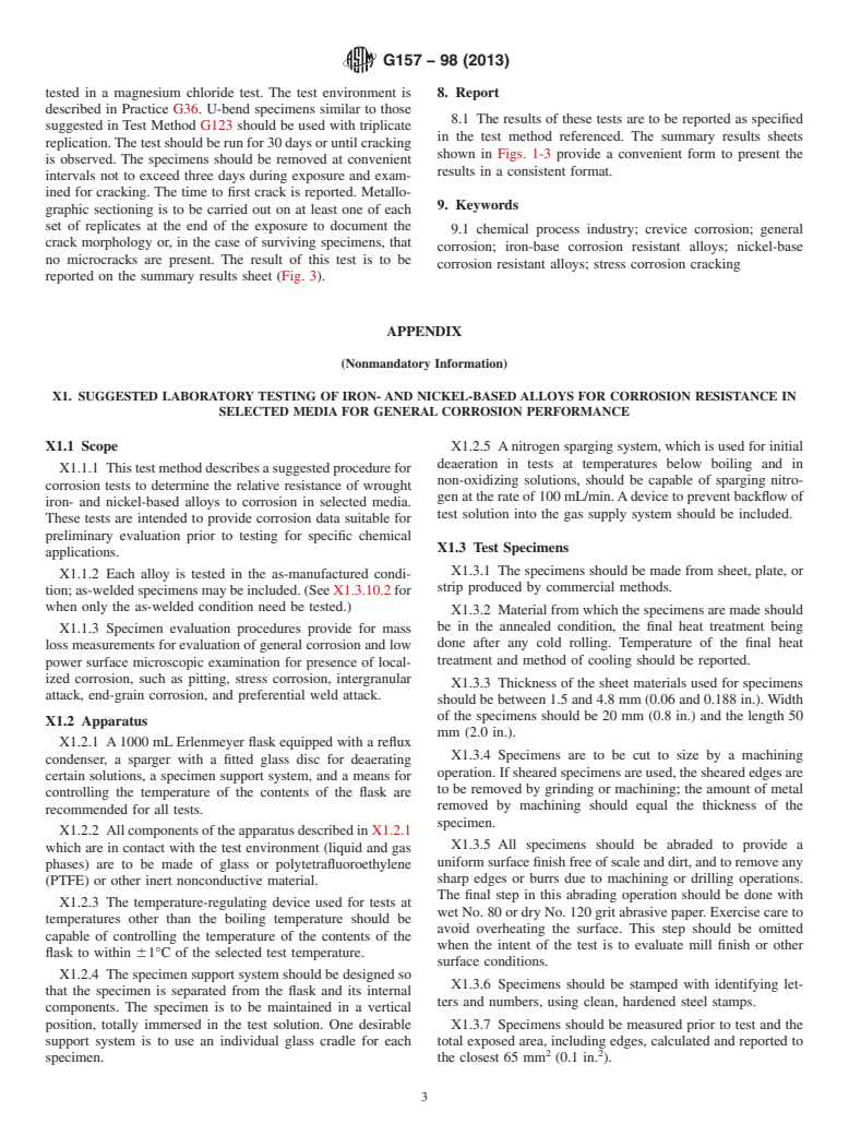 ASTM G157-98(2013) - Standard Guide for  Evaluating Corrosion Properties of Wrought Iron- and Nickel-Based  Corrosion Resistant Alloys for Chemical Process Industries