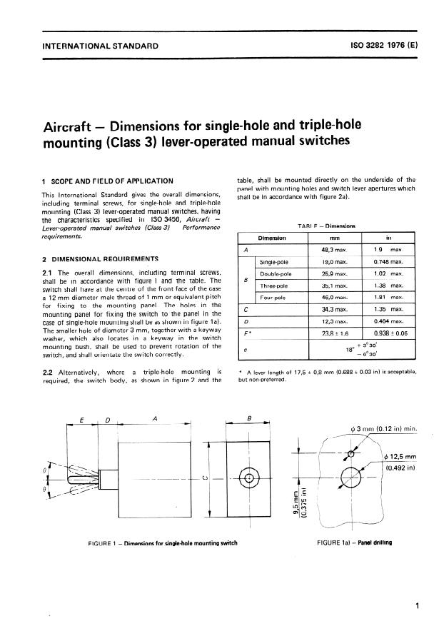 ISO 3282:1976 - Aircraft -- Dimensions for single-hole and triple-hole mounting (Class 3) lever-operated manual switches