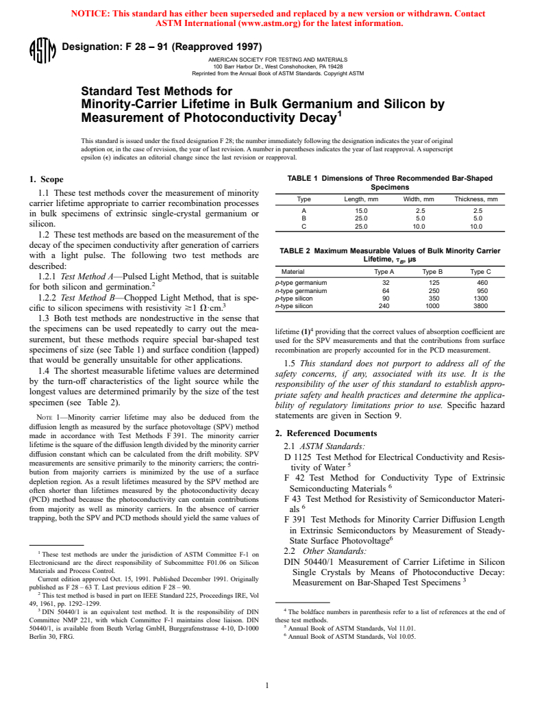 ASTM F28-91(1997) - Standard Test Methods for Minority-Carrier Lifetime in Bulk Germanium and Silicon by Measurement of Photoconductivity Decay