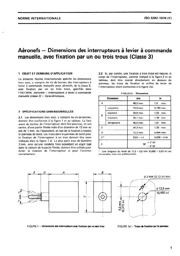 ISO 3282:1976 - Aéronefs -- Dimensions des interrupteurs a levier a commande manuelle, avec fixation par un ou trois trous (Classe 3)
