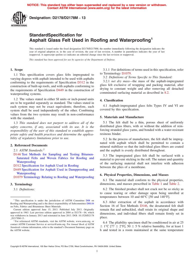 ASTM D2178/D2178M-13 - Standard Specification for Asphalt Glass Felt Used in Roofing and Waterproofing