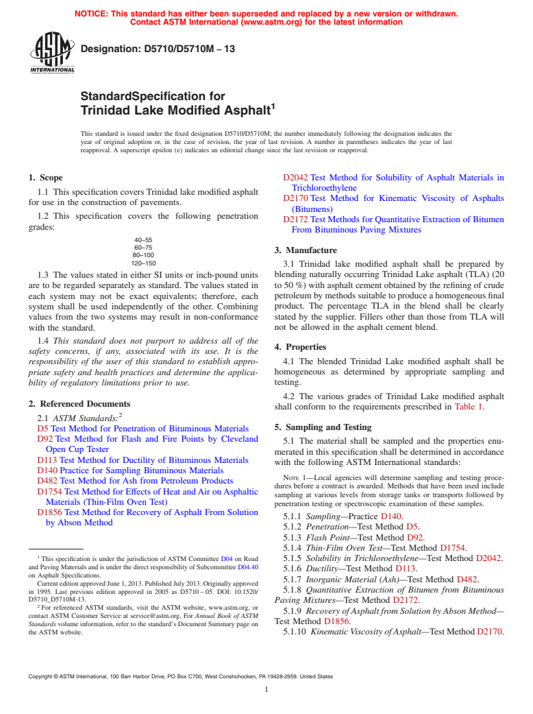 ASTM D5710/D5710M-13 - Standard Specification for Trinidad Lake Modified Asphalt