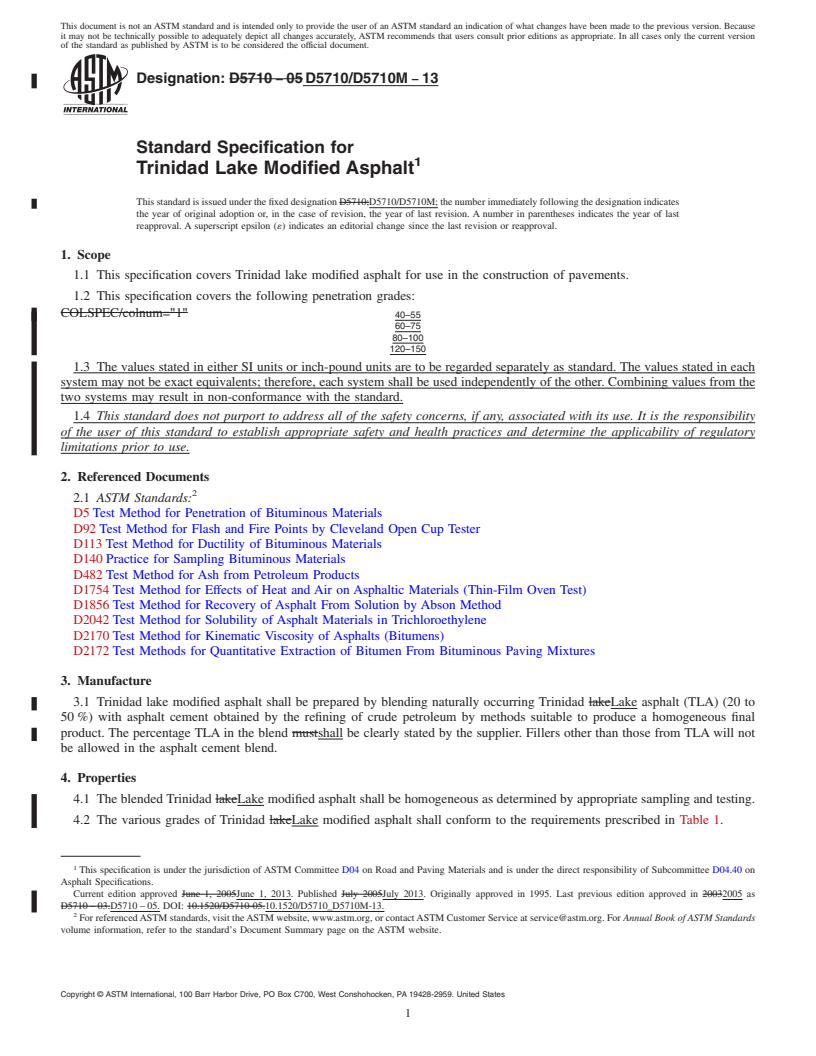REDLINE ASTM D5710/D5710M-13 - Standard Specification for Trinidad Lake Modified Asphalt