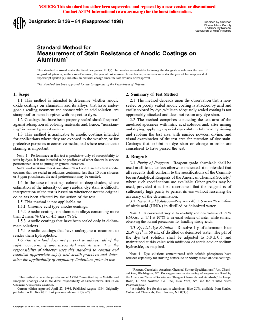 ASTM B136-84(1998) - Standard Method for Measurement of Stain Resistance of Anodic Coatings on Aluminum