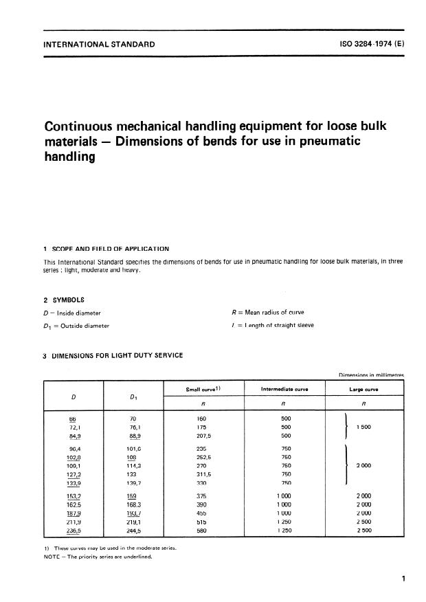 ISO 3284:1974 - Continuous mechanical handling equipment for loose bulk materials -- Dimensions of bends for use in pneumatic handling