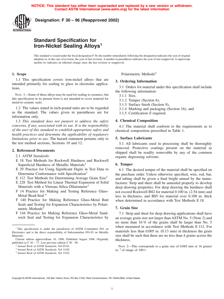 ASTM F30-96(2002) - Standard Specification for Iron-Nickel Sealing Alloys