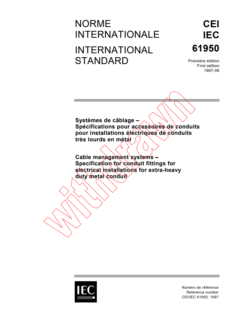 IEC 61950:1997 - Cable management systems - Specification for conduits fittings for electrical installations for extra-heavy duty metal conduit
Released:6/17/1997
Isbn:2831838770