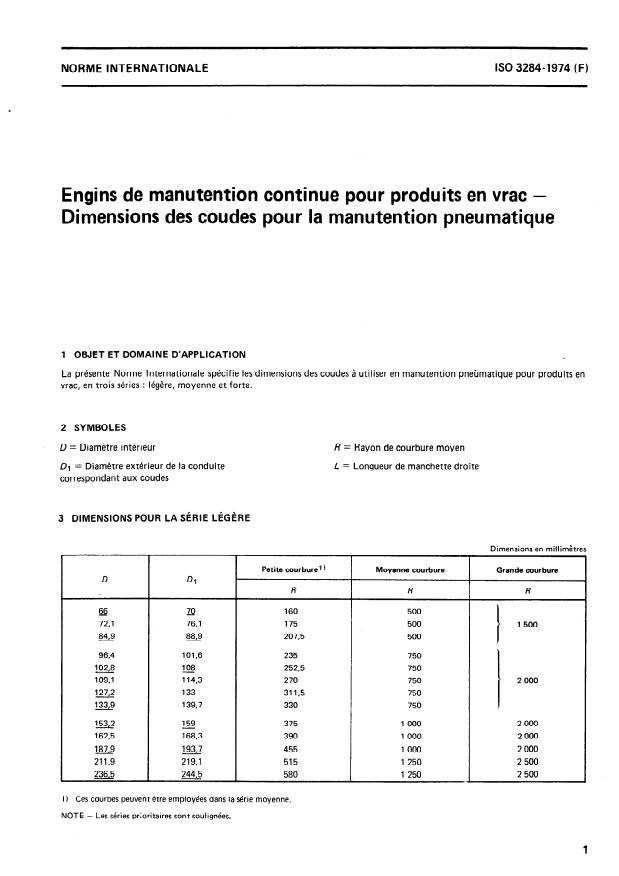 ISO 3284:1974 - Engins de manutention continue pour produits en vrac -- Dimensions des coudes pour la manutention pneumatique