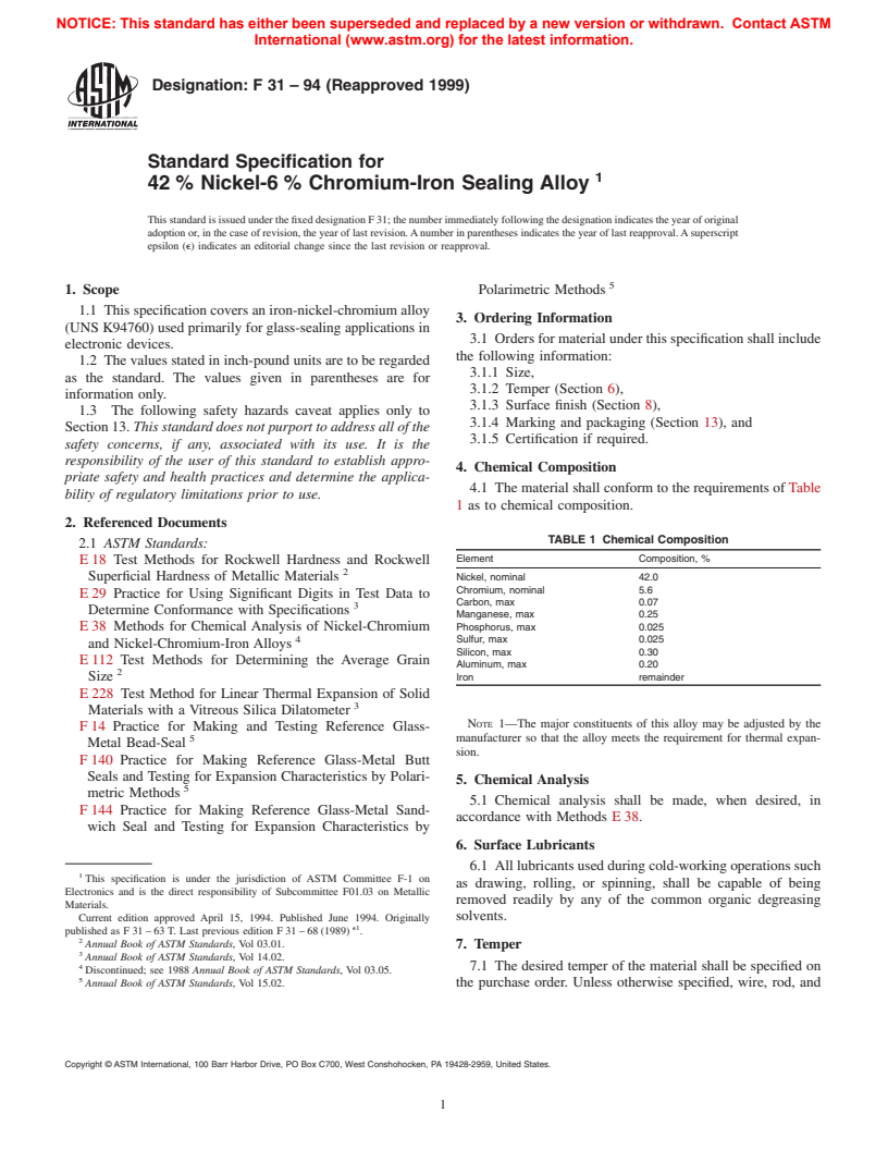 ASTM F31-94(1999) - Standard Specification for 42% Nickel-6% Chromium-Iron Sealing Alloy