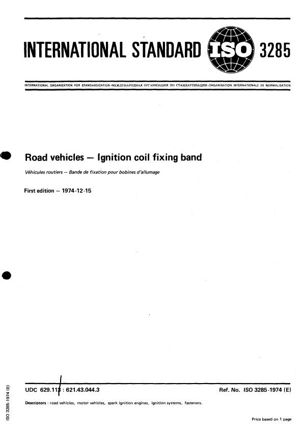 ISO 3285:1974 - Road vehicles -- Ignition coil fixing band