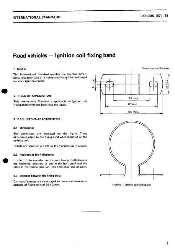 ISO 3285:1974 - Road vehicles -- Ignition coil fixing band
