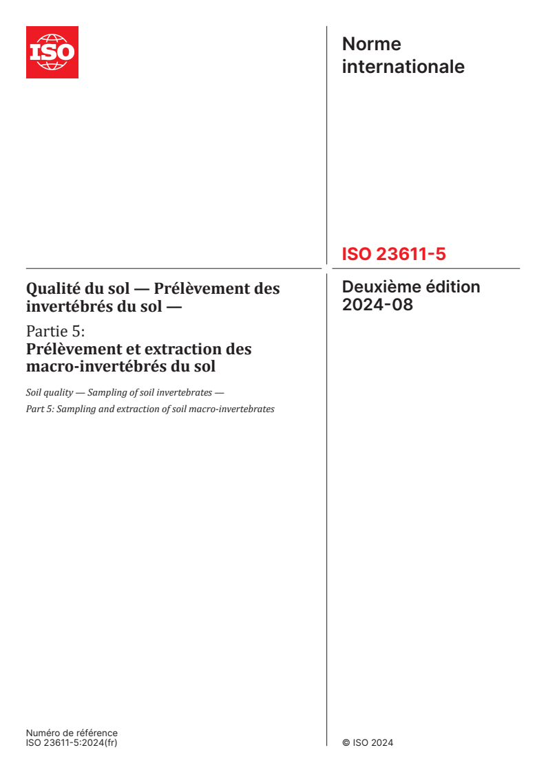 ISO 23611-5:2024 - Qualité du sol — Prélèvement des invertébrés du sol — Partie 5: Prélèvement et extraction des macro-invertébrés du sol
Released:15. 08. 2024