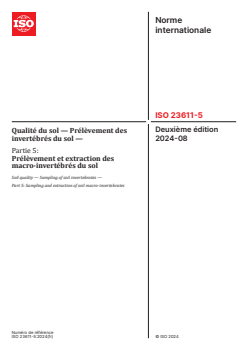 ISO 23611-5:2024 ISO 23611-5:2024 - Qualité du sol — Prélèvement des invertébrés du sol — Partie 5: Prélèvement et extraction des macro-invertébrés du sol
Released:15. 08. 2024 - Page 1 preview