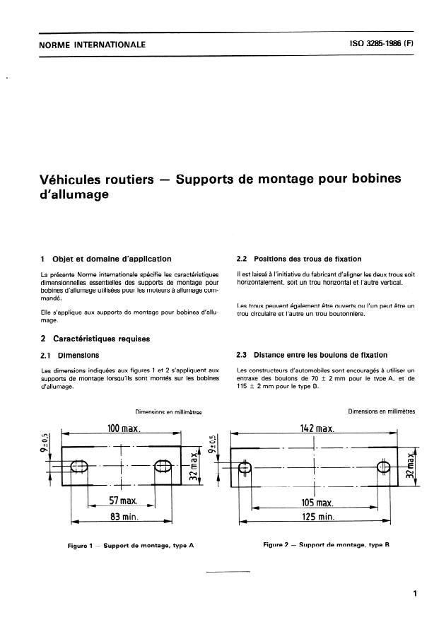 ISO 3285:1986 - Véhicules routiers -- Supports de montage pour bobines d'allumage