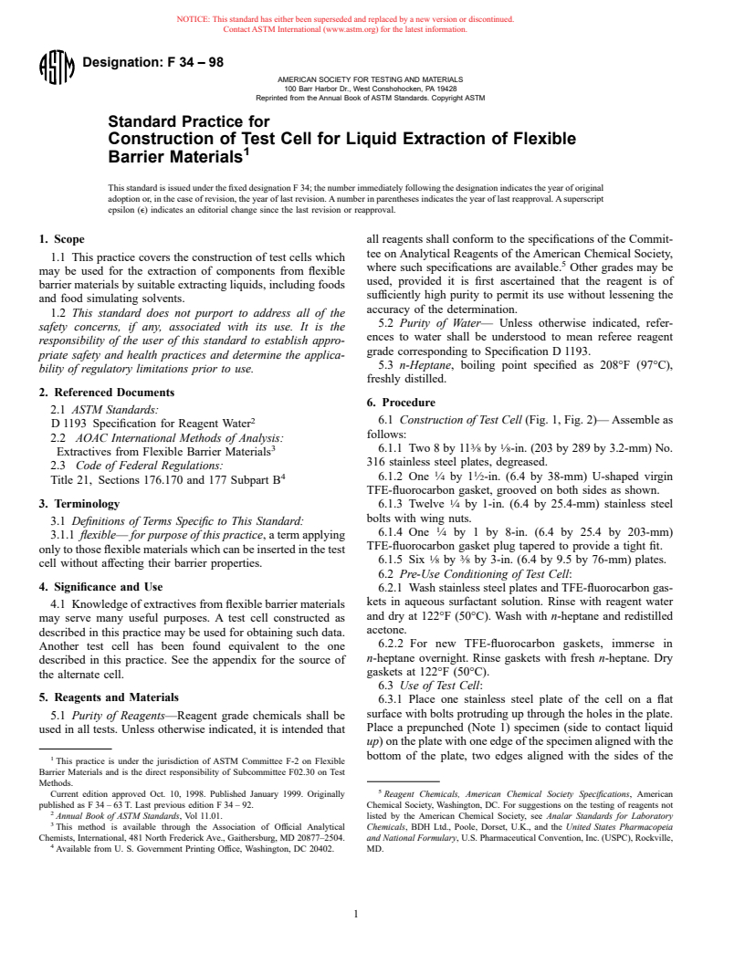 ASTM F34-98 - Standard Practice for Construction of Test Cell for Liquid Extraction of Flexible Barrier Materials